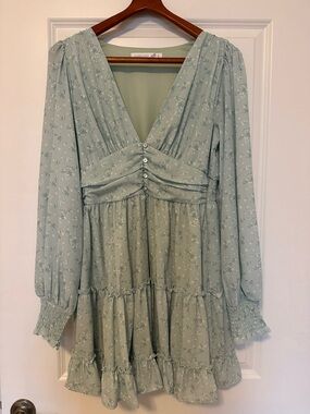 Altar’d State Sage Green Floral V-Neck Tiered Mini Dress